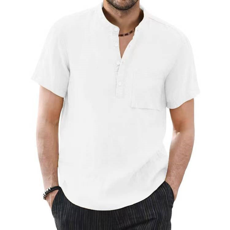 Men’s Solid Color Short-Sleeved Cotton Shirt