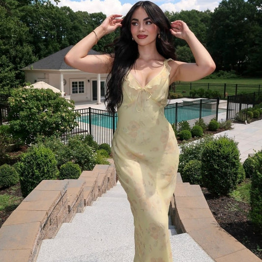 Summer Floral Print Plunge Maxi Dress