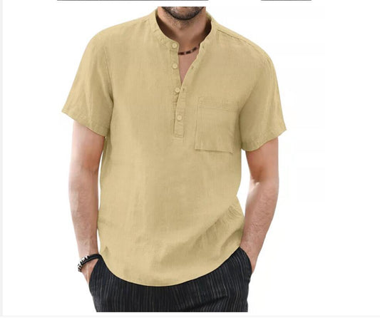 Men’s Solid Color Short-Sleeved Cotton Shirt